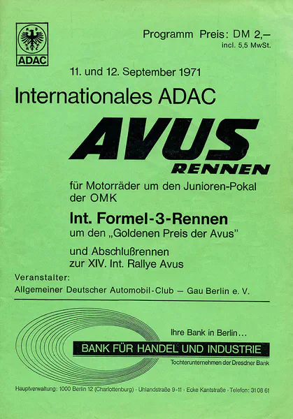 1971-09-12 | AVUS | AVUS-Rennplakate | avus event artwork | avus programme cover | avus poster | carsten riede