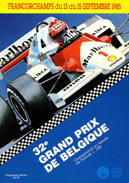 1985-09-15 | Grand Prix De Belgique | Spa-Francorchamps | Formula 1 Event Artworks | formula 1 event artwork | formula 1 programme cover | formula 1 poster | carsten riede