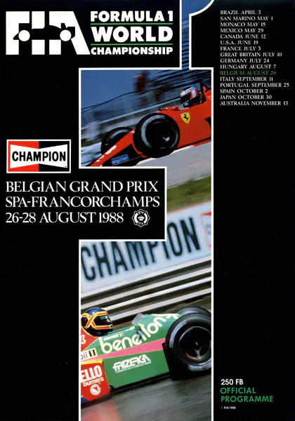 1988-08-28 | Grand Prix De Belgique | Spa-Francorchamps | Formula 1 Event Artworks | formula 1 event artwork | formula 1 programme cover | formula 1 poster | carsten riede