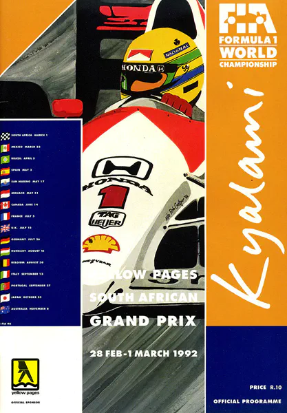 1992-03-01 | South African Grand Prix | Kyalami | Formula 1 Event Artworks | formula 1 event artwork | formula 1 programme cover | formula 1 poster | carsten riede