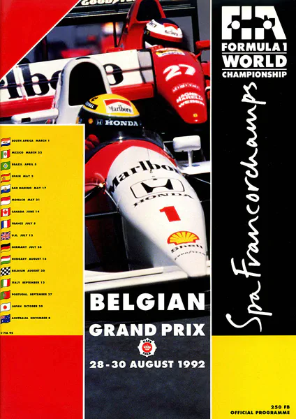 1992-08-30 | Grand Prix De Belgique | Spa-Francorchamps | Formula 1 Event Artworks | formula 1 event artwork | formula 1 programme cover | formula 1 poster | carsten riede