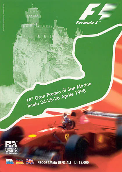 1998-04-26 | Gran Premio Di San Marino | Imola | Formula 1 Event Artworks | formula 1 event artwork | formula 1 programme cover | formula 1 poster | carsten riede